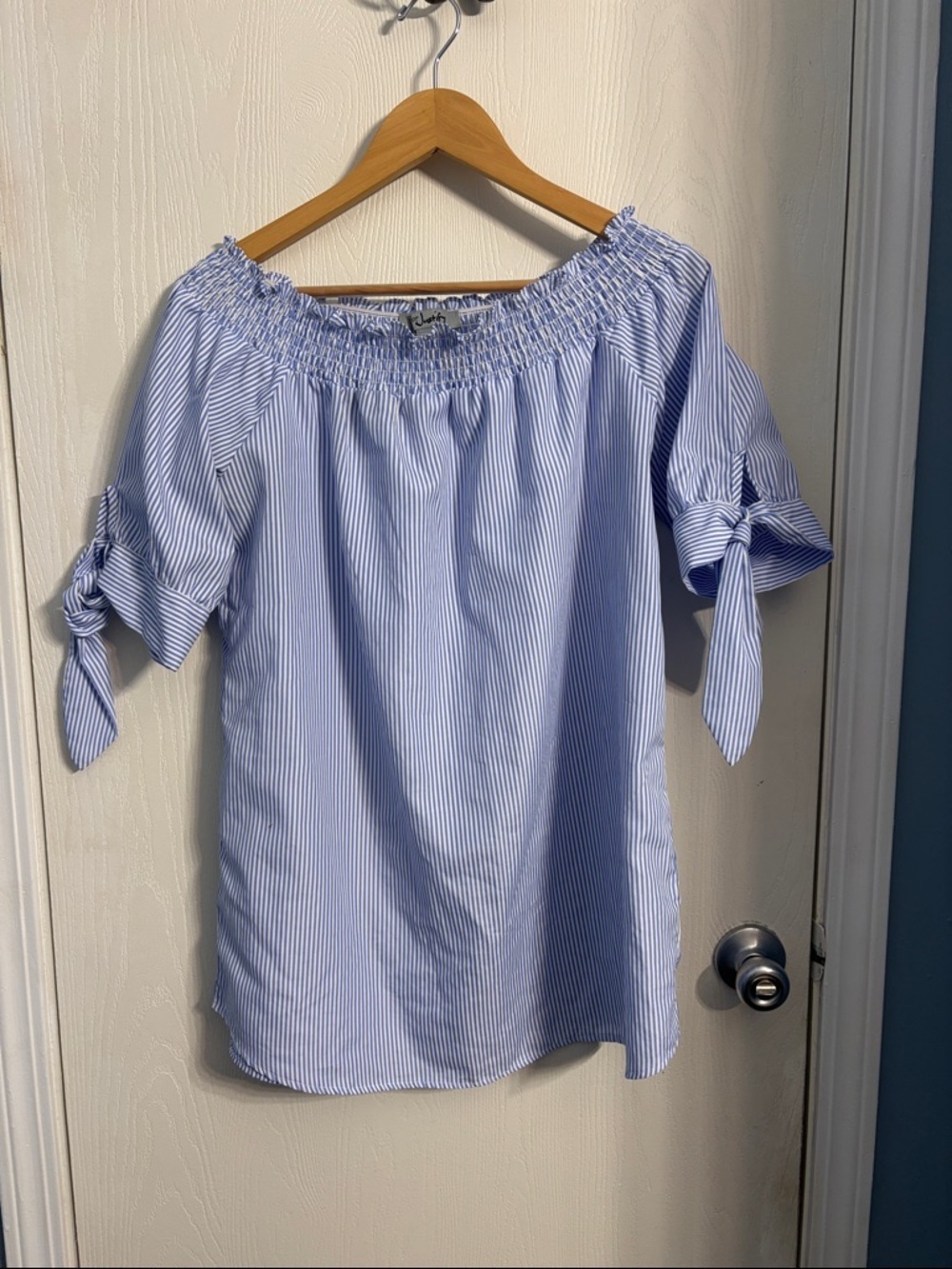 J for Justify Light Blue and White Striped Off-Shoulder Tie-Sleeve Top